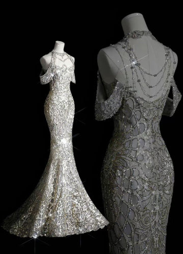 Mermaid Off The Shoulder Silver Sequin Long Party Dress Prom Dresses SD1814 HZ0628